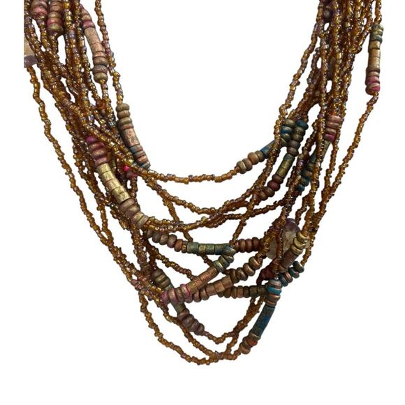 Women’s Necklace Seed Bead Multi Strand Layered Brown Bronze Multi 9/10” Length - Picture 3 of 7